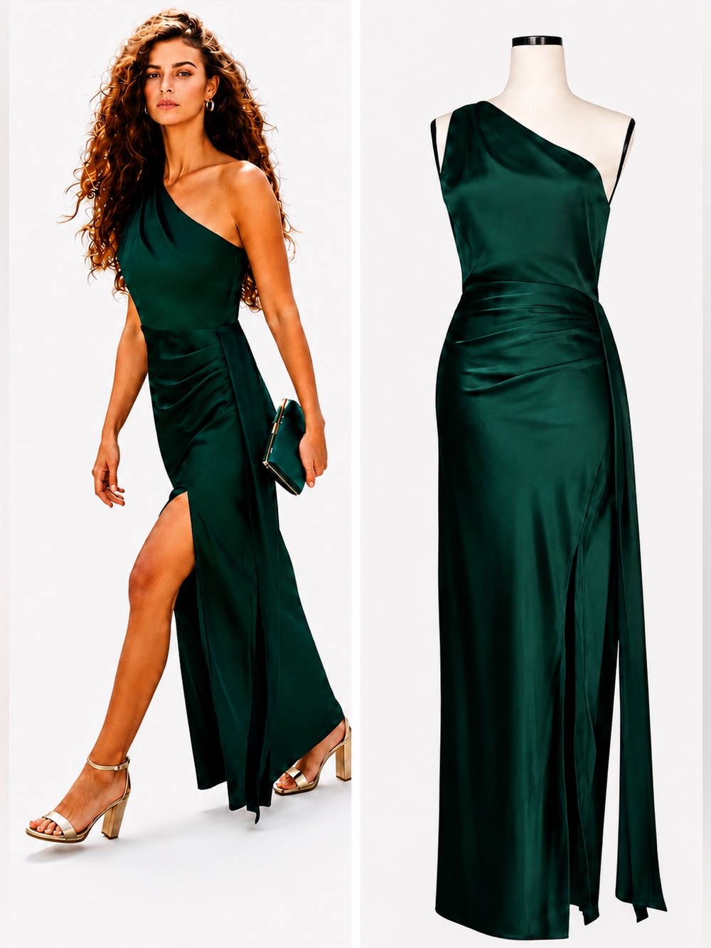 Lulus Emerald Signature Elegance  Satin One-Shoulder Maxi Dress Formal Small NWT